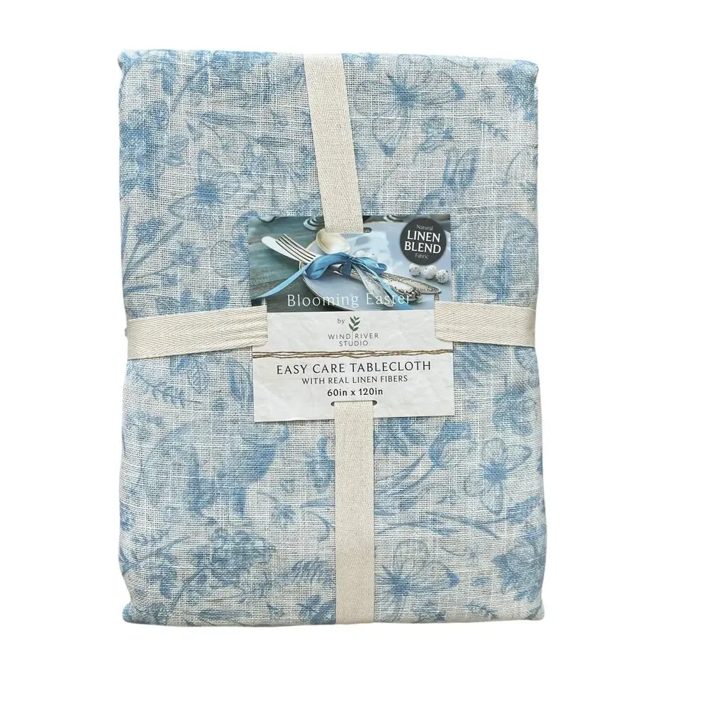 Blooming Easter Blue Bunny Rabbit Floral Tablecloth 60x120 Linen Blend NEW
